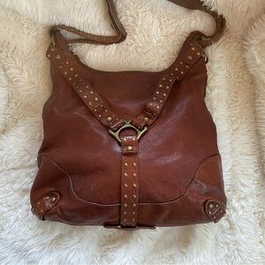 - Kooba Brown Leather Shoulder Bag with Brass Rivets